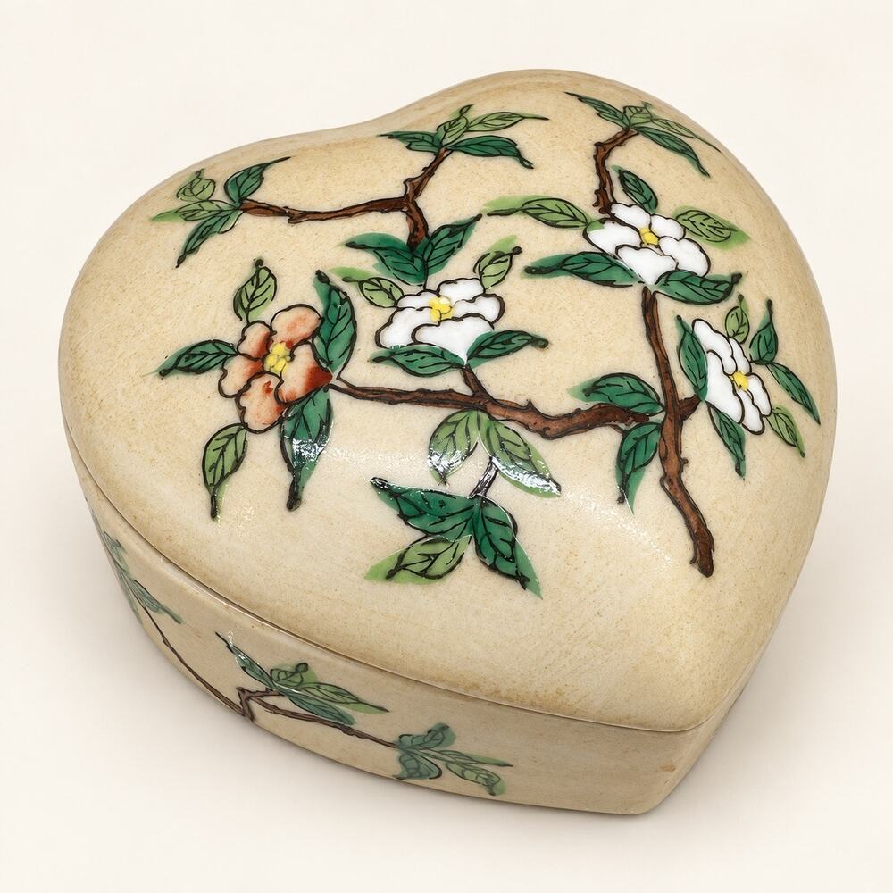 Vintage ACF Japanese Porcelain Heart Trinket Box Floral Hong Kong Decorated